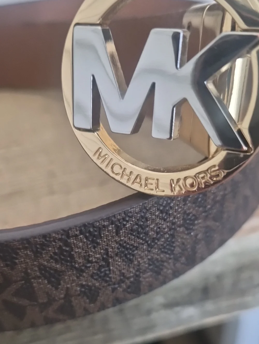 Michael Kors Brown Reversible Logo Belt with Gold & Silver MK Buckle